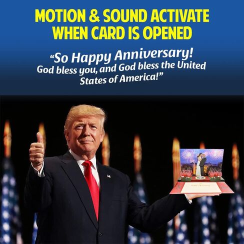 يقول Donald Pop Prope Card مع بطاقة الذكرى السنوية الخفيفة والصوت للآباء والأمهات ، وتقول ذكرى سعيدة في صوت ترامب الحقيقي ، وبطاقات الذكرى السنوية له ، والزوجين والزوج (الرقص) in Kuwait