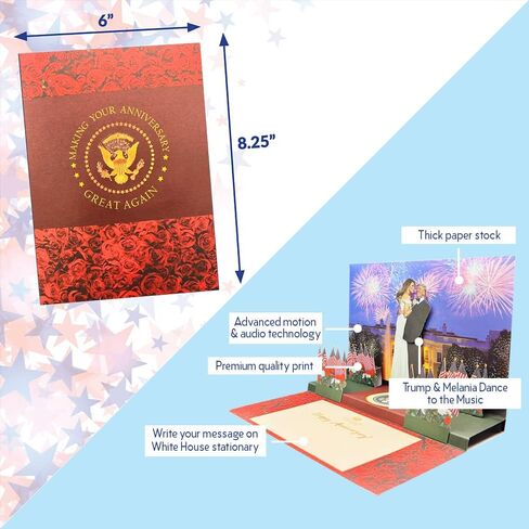 يقول Donald Pop Prope Card مع بطاقة الذكرى السنوية الخفيفة والصوت للآباء والأمهات ، وتقول ذكرى سعيدة في صوت ترامب الحقيقي ، وبطاقات الذكرى السنوية له ، والزوجين والزوج (الرقص) in Kuwait
