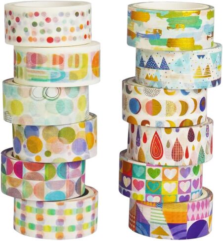 12 Rolls Foil Washi Tape Set, Cartoon Basic Pattern Washi Tape Masking Tape, Decorative Tape for Bullet Journal, Book, Planner, Scrapbooking, DIY Arts Crafts in Saudi Arabia