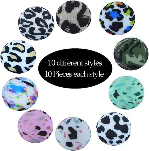 50 Pieces Silicone Beads, BetterJonny 10 Colors Loose Beads with Storage Box 15mm Cow Leopard Print Round Beads for Necklace Bracelet DIY Crafts in Kuwait
