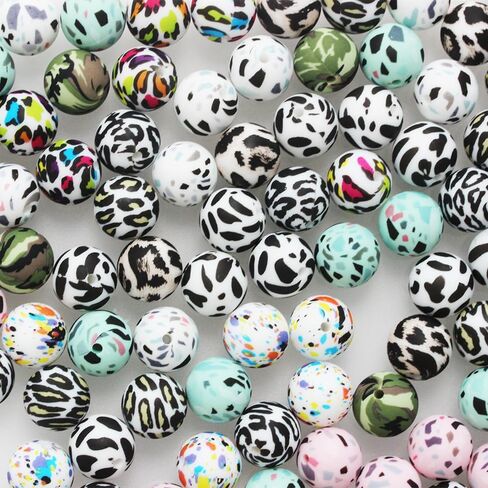 50 Pieces Silicone Beads, BetterJonny 10 Colors Loose Beads with Storage Box 15mm Cow Leopard Print Round Beads for Necklace Bracelet DIY Crafts in Kuwait