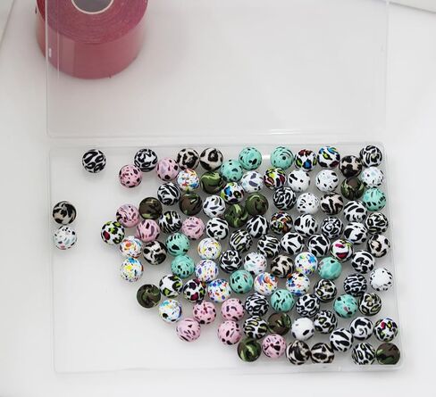 50 Pieces Silicone Beads, BetterJonny 10 Colors Loose Beads with Storage Box 15mm Cow Leopard Print Round Beads for Necklace Bracelet DIY Crafts in Kuwait