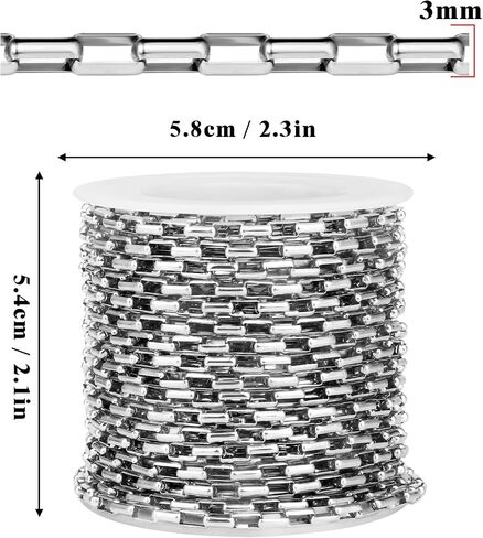 33 Feet Stainless Steel Rolo Box Chain Bulk, 3mm 304 Stainless Steel Square Cable Link Chains Roll Spool for Jewelry Making DIY Craft in Kuwait