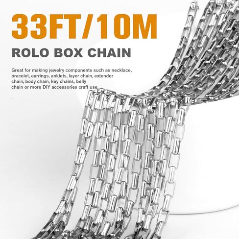 33 Feet Stainless Steel Rolo Box Chain Bulk, 3mm 304 Stainless Steel Square Cable Link Chains Roll Spool for Jewelry Making DIY Craft in Kuwait