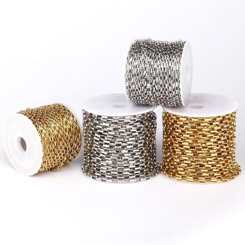 33 Feet Stainless Steel Rolo Box Chain Bulk, 3mm 304 Stainless Steel Square Cable Link Chains Roll Spool for Jewelry Making DIY Craft in Kuwait