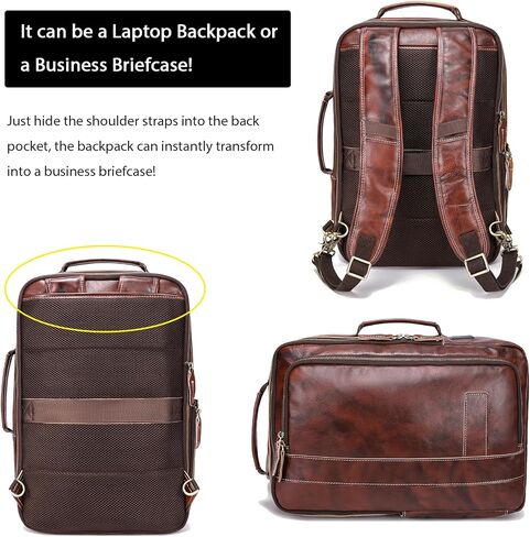 LANNSYNE Men's Full Grain Leather Expandable 15.6 Laptop Backpack Tote Shoulder Travel Bag Rucksack in Saudi Arabia