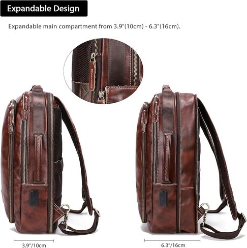 LANNSYNE Men's Full Grain Leather Expandable 15.6 Laptop Backpack Tote Shoulder Travel Bag Rucksack in Saudi Arabia