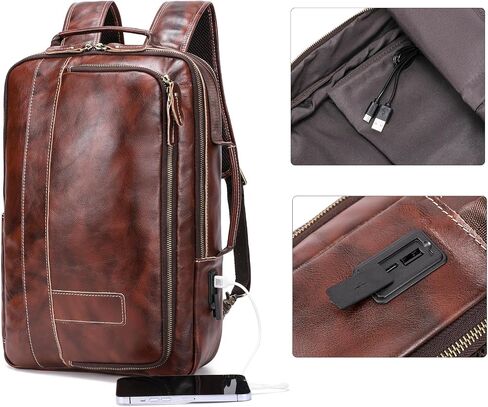 LANNSYNE Men's Full Grain Leather Expandable 15.6 Laptop Backpack Tote Shoulder Travel Bag Rucksack in Saudi Arabia