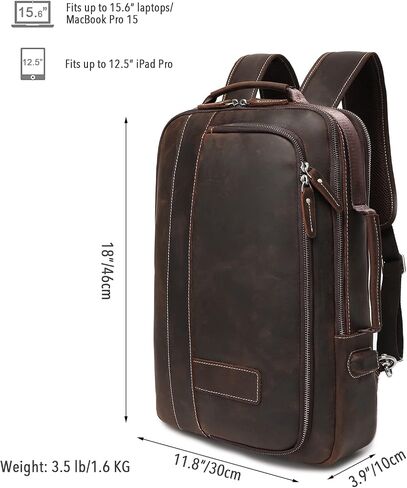 LANNSYNE Men's Full Grain Leather Expandable 15.6 Laptop Backpack Tote Shoulder Travel Bag Rucksack in Saudi Arabia