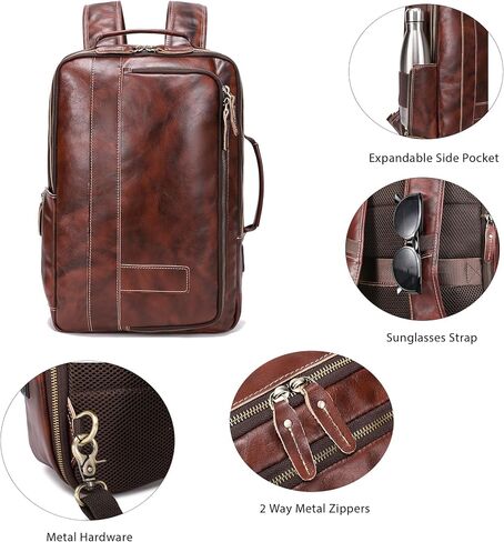 LANNSYNE Men's Full Grain Leather Expandable 15.6 Laptop Backpack Tote Shoulder Travel Bag Rucksack in Saudi Arabia