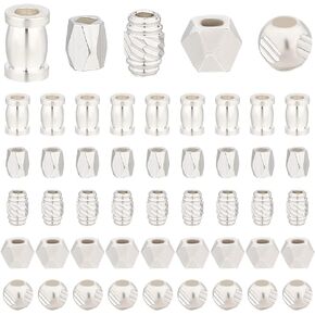 PH PandaHall 50pcs 5 Styles Spacer Beads 925 Sterling Silver Plated Beads, Brass Faceted Spacers Cylinder Stackable Metal Jewelry Spacers for Jewelry Making DIY Beading Crafts, Hole: 1.5~2mm