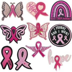 10Pcs Breast Cancer Awareness Iron on Patches, Pink Ribbon Butterfly Heart Hope Love Life Bowknot Bow Decorative Embroidered Patch for Clothing Jeans Bags Hats Backpacks