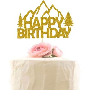 Mountain Happy Birthday Cake Topper, Mountain-Climbing Themed Birthday Party Decorations, Gold Glitter