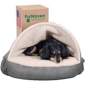 Furhaven 26" Round Cooling Gel Dog Bed for Medium/Small Dogs w/ Removable Washable Cover, For Dogs Up to 30 lbs - Sherpa & Suede Snuggery - Gray, 26-inch