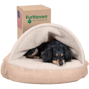 Furhaven 26" Round Cooling Gel Dog Bed for Medium/Small Dogs w/ Removable Washable Cover, For Dogs Up to 30 lbs - Sherpa & Suede Snuggery - Cream, 26-inch