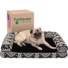Furhaven Orthopedic Dog Bed for Medium/Small Dogs w/ Removable Bolsters & Washable Cover, For Dogs Up to 35 lbs - Plush & Southwest Kilim Woven Decor Sofa - Black Medallion, Medium