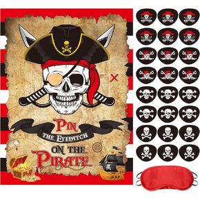 Faccito Pirate Party Games Pin The Eye Patch On The Pirates Birthday Decorations Pin Games Set Include Skull Poster 24 Stickers and Blindfold for Pirates Party Supplies Decorations