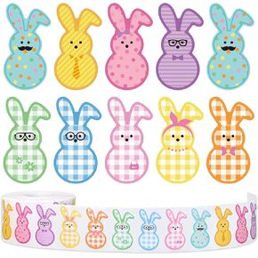Whaline 1000Pcs Easter Bunny Stickers Roll Cute Colorful Rabbit Paper Decals 9 Designs Spring Plaids Dots Pattern Self Adhesive Seal Stickers for Envelope Journal Decor Party Supplies