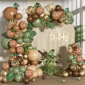 152pcs Jungle Safari Balloon Garland Arch Kit, Sage Green Brown Sand White Nude Balloons and Confetti Balloons for Jungle Safari Baby Shower Birthday Party Decorations