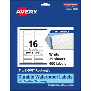 Avery Durable Waterproof Rectangle Labels with Sure Feed, 1" x 2-5/8", 160 Oil and Tear-Resistant Waterproof Labels, Print-to-The-Edge, Laser/Pigment-Based Inkjet Printable Labels