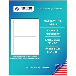 Premium Label Supply White Sticker Shipping Labels – 7" x 5" – Laser/Inkjet Compatible – (2 per Sheet), 25 Sheets – 50 Total Adhesive Labels