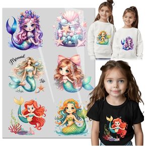 6PCS Mermaid Starfish Iron On for Child T-Shirts Dtf Transfers Ready to Press Heat Press Stickers Iron On Appliques Washable Vintage Print Iron On Jackets Hoodies Pillow Covers DIY Decoration