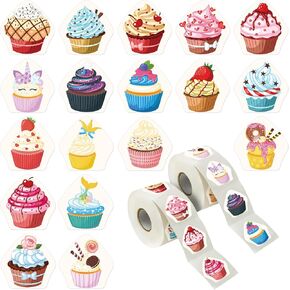600Pcs Cupcake Stickers, 1.5 inch Adorable Stickers Suitable for All Kinds of Party Decoration, Teacher Reward Encouragement, 18 Designs
