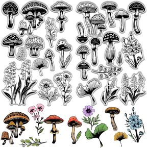 CRASPIRE 2 Sheets Mushroom Clear Rubber Stamps Plant Flower Reusable Vintage Transparent Silicone Seal Stamps for DIY Craft Scrapbooking Journaling Card Making Decoration Supplies