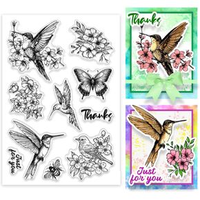 PH PandaHall Bird Blossom Clear Stamps Hummingbird Butterfly Bee Rubber Stamps Animals Birds Words Silicone Transparent Seals Template for Card Making Album Decor Craft Supplies 6.3x4.3 inches