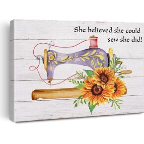 Vintage Sewing Machine Art Wall Decor She Believed She Could Quote Canvas Print Rustic Framed Painting for Sewing Lover Home Sewing Room Wall & Tabletop Decor
