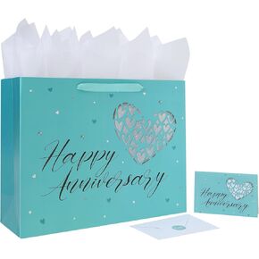 16.5" Extra Large Gift Bag Set with Handles, Greeting Card, Tissue Papers and Stickers for Valentine's Day, Anniversary Women Men Husband Wife Boyfriend Girlfriend or Romantic Partner, Heart Design, 1 Pcs