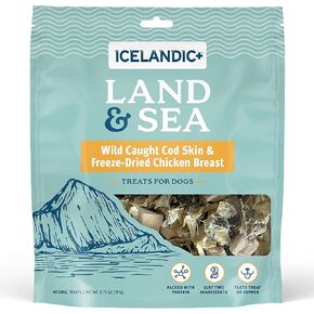 Icelandic+ Land & Sea Wild Caught Cod Skin & Freeze-Dried Chicken Breast -6.75oz Bag, Dog Treat & Food Topper, 2 Ingredient, No Preservatives, Natural