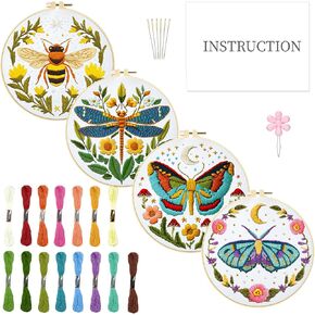 INFUNLY 4 Sets DIY Insect Pattern Embroidery Kits for Starter 11.8"×11.8" Flowers Plants Embroidery Hoop kit Handmade Bees Embroidery Kits Moth Needlepoint Kit with Instruction for Adults Beginners