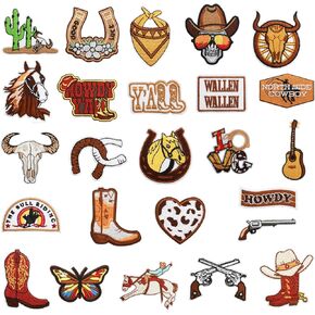 25Pcs Western Iron on Patches Cowboy Sew on Embroidered Applique Patches Western Cowboy Embroidery Repair Decoractive Patches DIY Crafts Sewing Patches Decorations for Clothes Jackets Jeans Backpacks