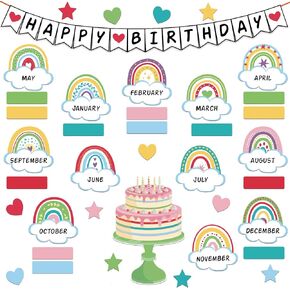 65 Pcs Birthday Bulletin Board Set Rainbow Classroom Happy Boho Birthday Chart Cutouts Decorations Decor Board for Classroom Home Calendar Bulletin