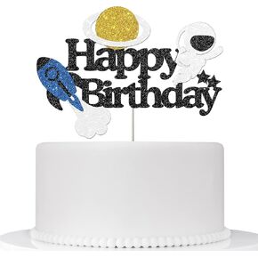 Happy Birthday Cake Topper - Space Themed Birthday Party Decoration Supplies - Astronaut, Rocket, Planet Sign Cake Decor for Kids Boys Girls Birthday Party