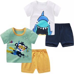 SUPFANS Baby Toddler Boys 4 Pieces T-shirts and Shorts Dinosaur Tops & Shorts Summer Outfits