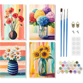 RICUVED Paint by Number for Adults Flowers Framed Canvas, 4 Pack Paint by Number Kits Colorful Arts for Beginner, Easy DIY Sunflower Hydrangea Daisy Acrylic Painting Number Kit for Home Decor(8X12in)
