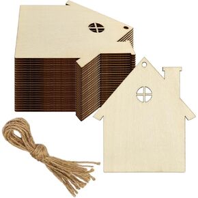 20pcs Wooden House Shaped DIY Craft Cutouts Unfinished Wood Tags with Ropes Ornaments for Wedding Home Christmas Party Decoration