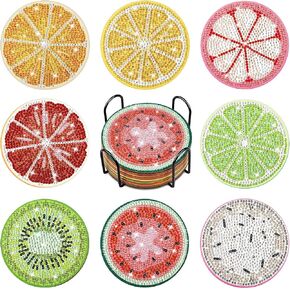 8 Pcs Diamond Painting Coasters 4 Inch DIY Coasters with Holder for Drinks Diamond Art Supplies Painting Kit for Beginners Adults Craft(Fruit Style)