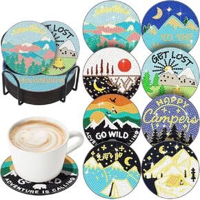 Umigy 8 Pcs Diamond Painting Coasters Diamond Art Coasters with Holder Diamond Art for DIY Beginners Adults Kids Craft Supplies Gift Drinks(Camping Scenery)