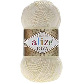 Alize Diva Silk Yarn - Microfiber Acrylic Sport Weight Yarn - Lightweight & Soft Yarn for Crocheting & Knitting Scarves, Clothes & Crafts - 1 Skein 100g, 383 Yards, Fingering Weight 14 WPI 01 Cream