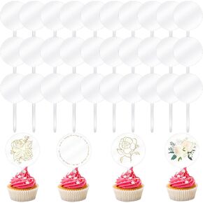 30 Pcs 2 Inch Acrylic Round Cupcake Topper Sticks Clear Blank Birthday Cupcake Toppers Wedding DIY Custom Engagement Bridal Shower Cupcake Toppers for Baby Shower Wedding Party Decoration