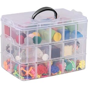 Vababa Clear 3-Tier Stackable Storage Containers with Adjustable 30 Compartments, Jewelry Sewing Storage Box with Handle