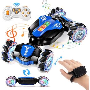 Aiqi Remote Control Car,2.4GHz 4WD Gesture Sensing RC Stunt Car with Cool Music and Light,Double-Sided Rotating 360° Flips Car Toy,RC Cars for 6-12 Boys Birthday Gifts (Blue)