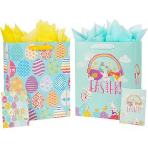 Jaywayang 2Pack 12.6" Large Easter Paper Bags with Greeting Card, Easter Gift Bags with Handles and Tissue Papers for Kids.