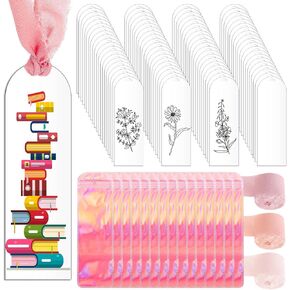 Yeaqee 50 Pcs Acrylic Bookmark Blanks 2mm Thicken Clear Acrylic Book Marks with 50 Holographic Bags and 3 Rolls Ribbon Bookmark Making Kit for Reading Lovers DIY Crafts Graduation Gifts