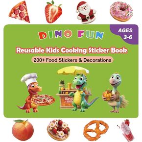 Dino Fun Cooking Food Reusable Sticker Book for Kids,11 Scenes + Over 200 Food Stickers,Treats Sticker Book for Toddlers 3-6 Years,Removable Decoration Snack Stickers,Make A Face Cupcake Stickers