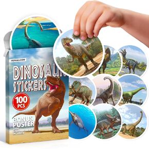Realistic Dinosaur Stickers for Kids - 100 pcs Pack with Dino Names Poster - Large Waterproof Vinyl Stickers for Water Bottle Laptop Luggage Classroom Teacher Rewards - Party Favors Birthday Gift