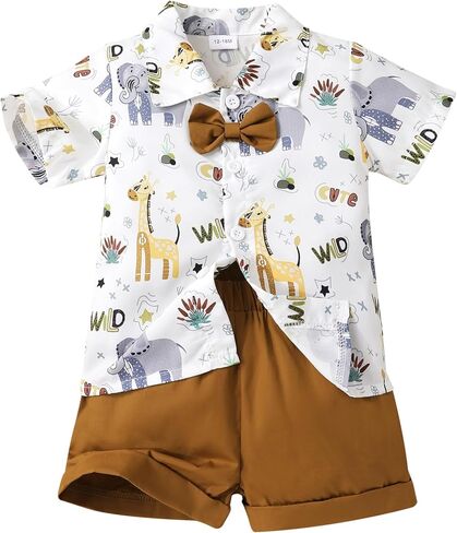 JEELLIGULAR Toddler Baby Boy Summer Clothes Short Sleeve Button Down Shirt Shorts Set Gentlemen Casual Outfits 1-6 Years in Kuwait